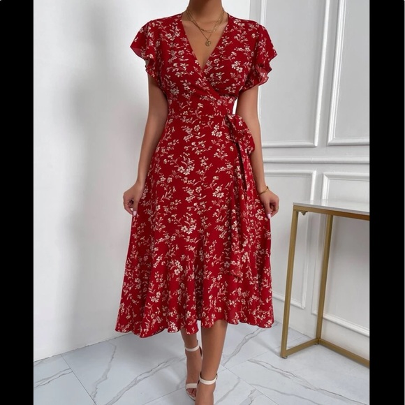 Boho Floral Print Butterfly Sleeve Dress Mustard Yellow - Picture 9 of 13